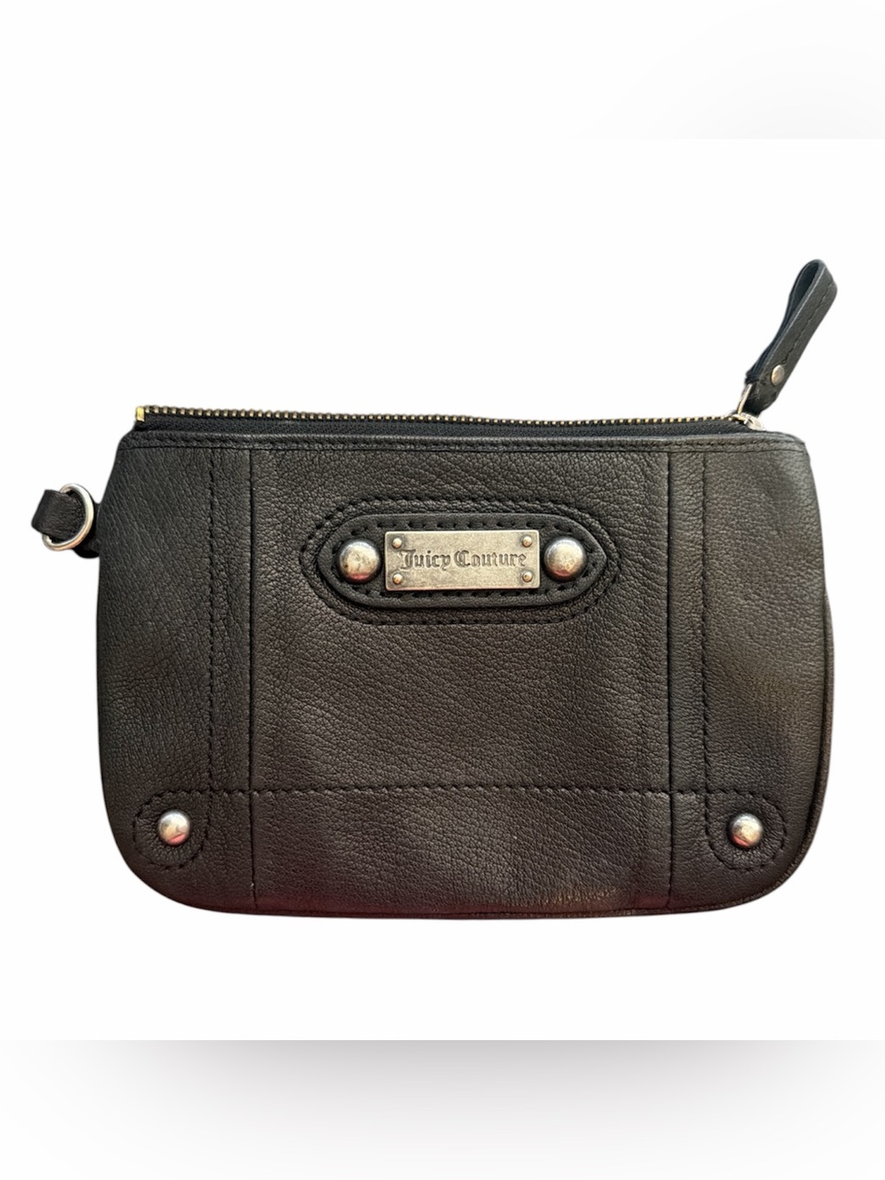 Juicy Couture Black Leather Wristlet Clutch with Metal Plaque